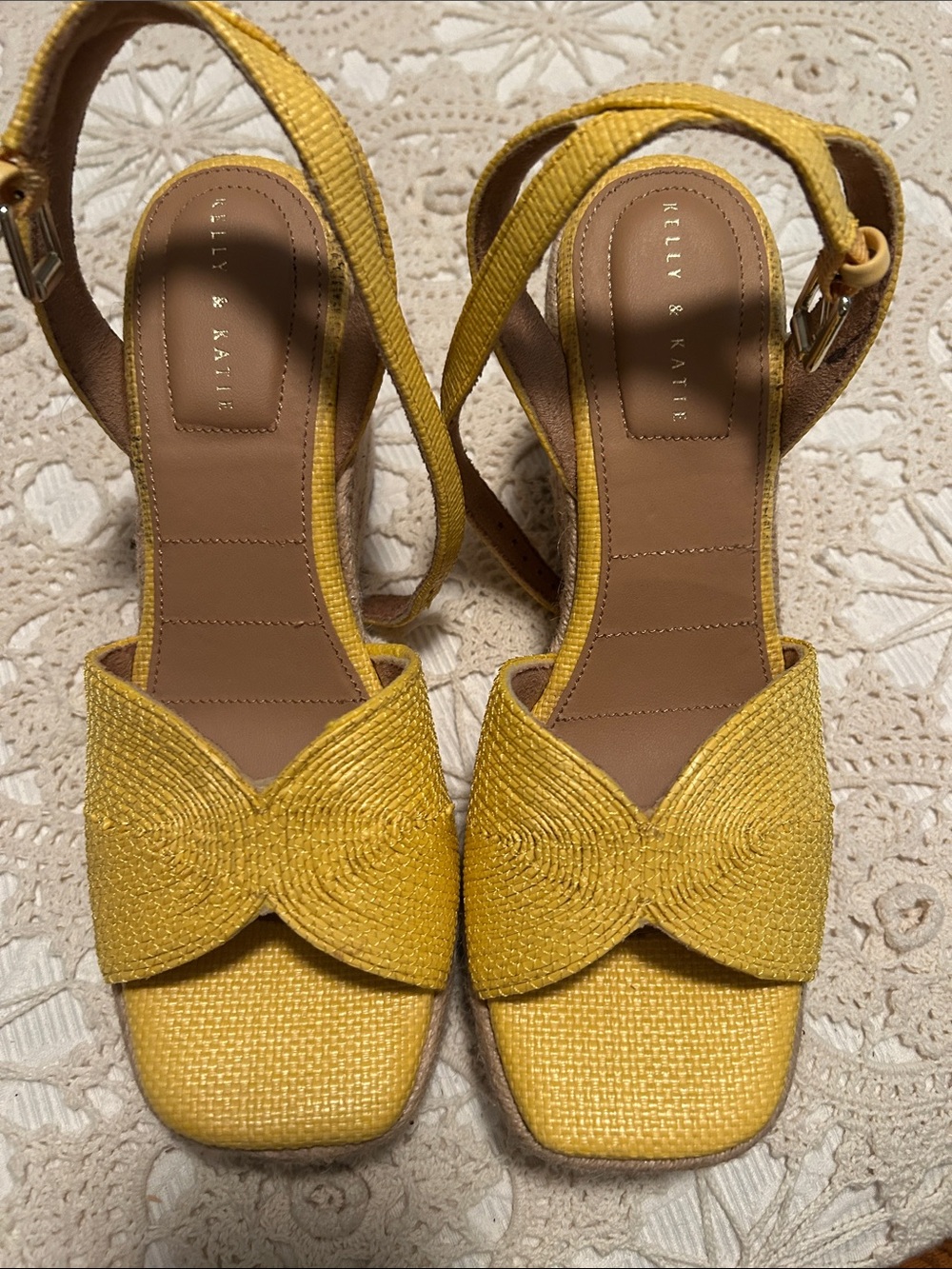 Kelly & Katie Yellow Woven Square-Toe Ankle-Strap Heels